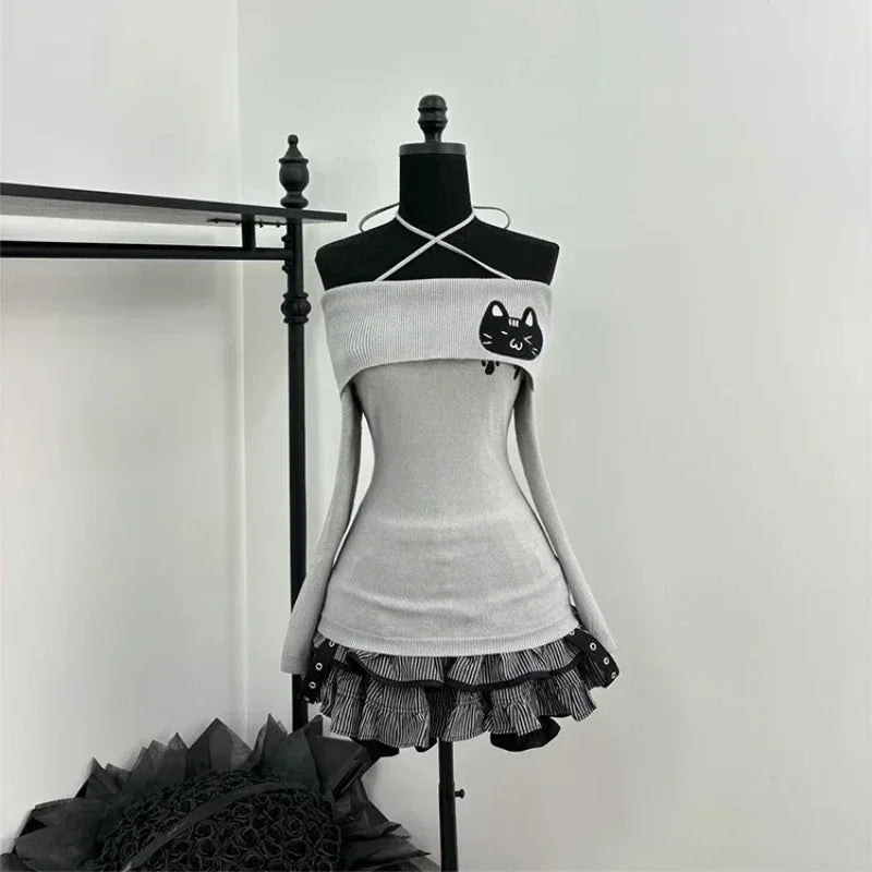 Aesthetic Elegant Sexy Camisole Dress Women Casual Y2k Crop Tops+ Lace Vintage Chic Vest Female Autumn Korea Style Retro Outfits